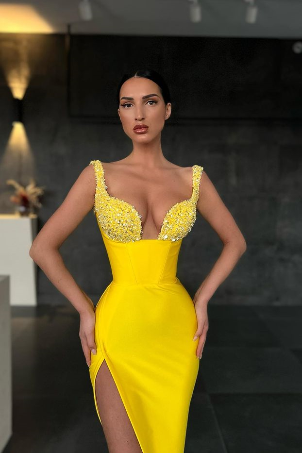 Mermaid Yellow Sequins High Waist Straps Sleeveless Prom Dress With High Split