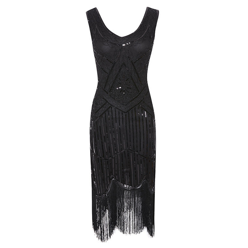 Vintage 1920s V-Neck Sheath Dress with Sequins for Costume Parties