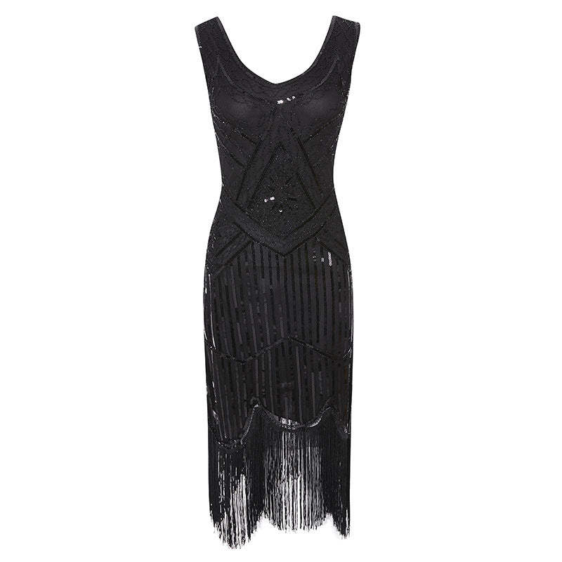 Vintage 1920s V-Neck Sheath Dress with Sequins for Costume Parties