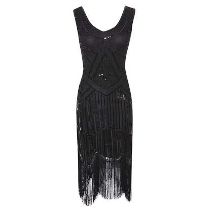 Vintage 1920s V-Neck Sheath Dress with Sequins for Costume Parties