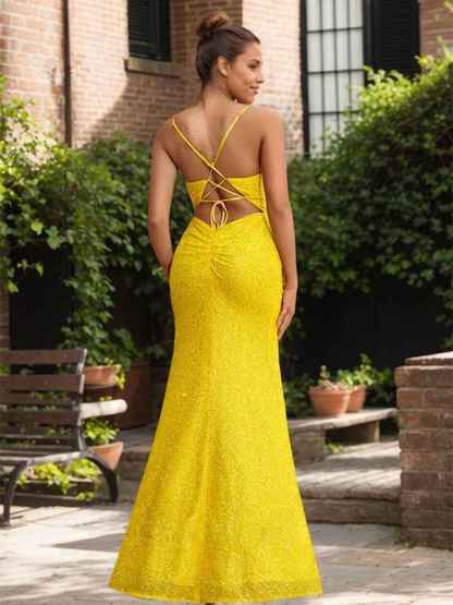 Radiant Daffodil Spaghetti Strap Sequin Gown with High Slit