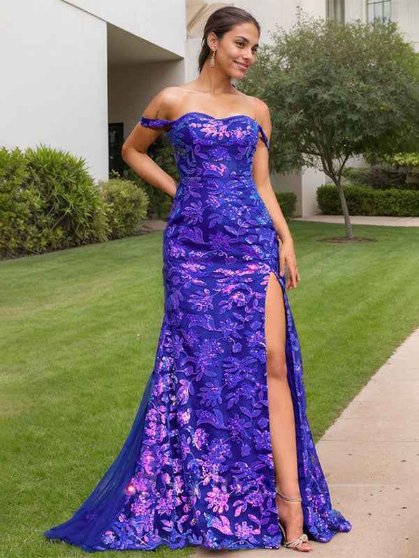 Royal Blue Sheath Off the Shoulder Long Sequined Prom Dress With Slit