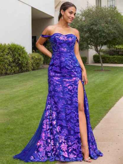 Royal Blue Sheath Off the Shoulder Long Sequined Prom Dress With Slit