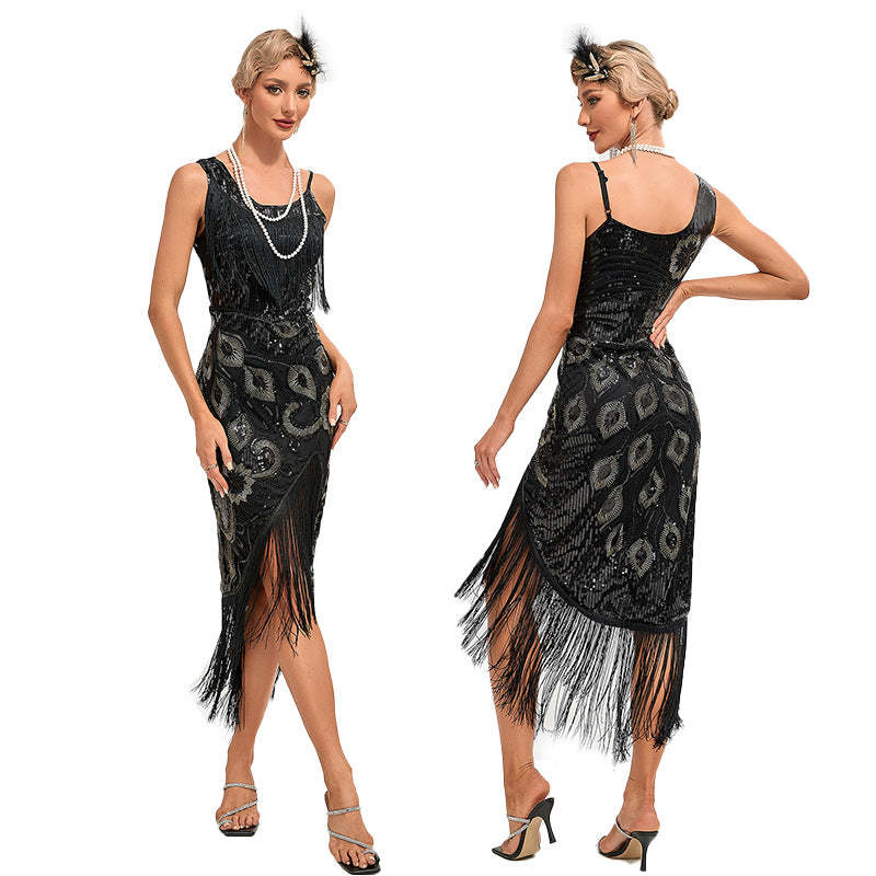 Vintage 1920s Gatsby Dress with One-Shoulder Sequins in Sheath/Column Style