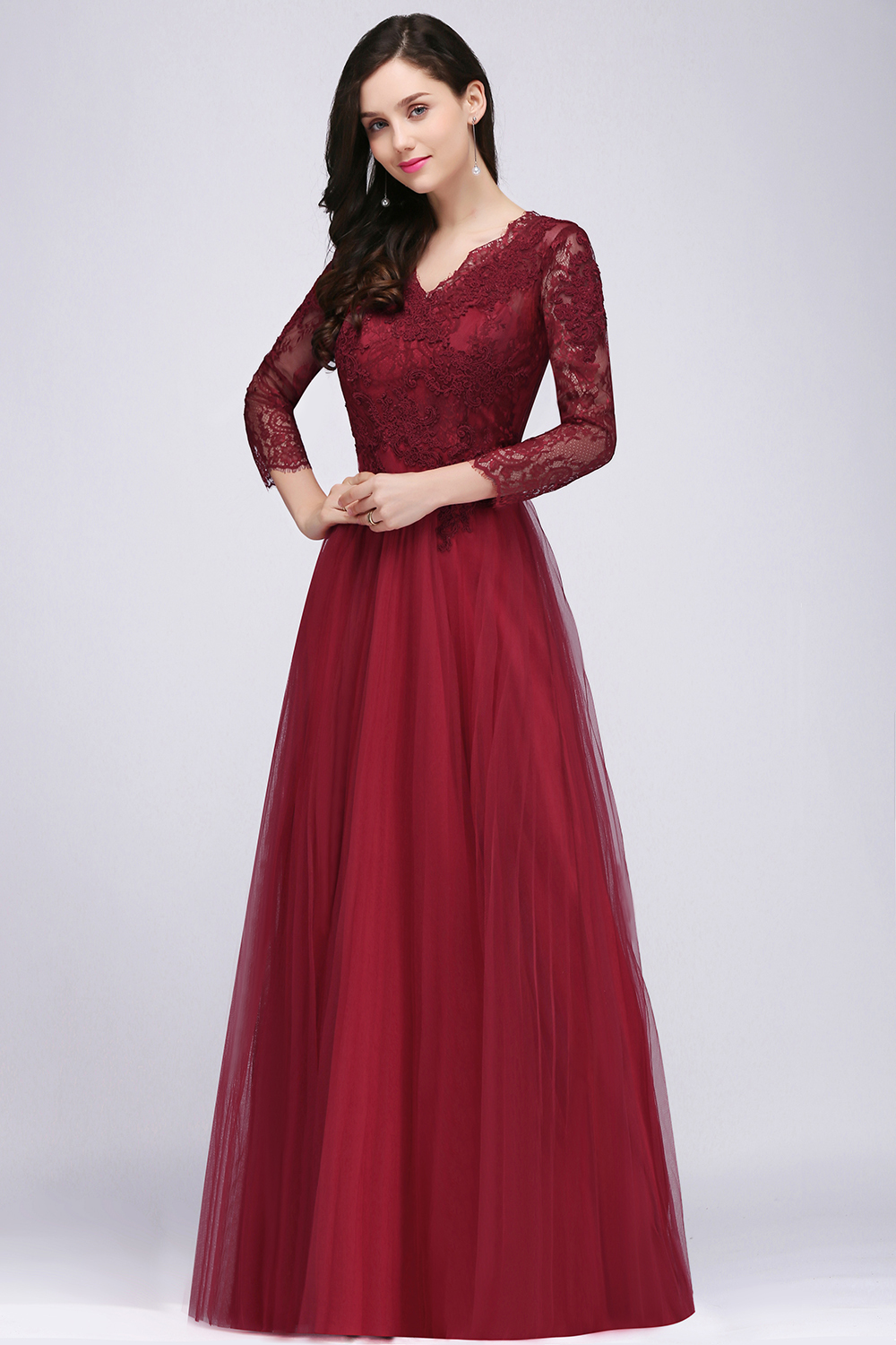 BMbridal Affordable Long Sleeves V-Neck Lace Burgundy Bridesmaid Dresses with Appliques-BMbridal