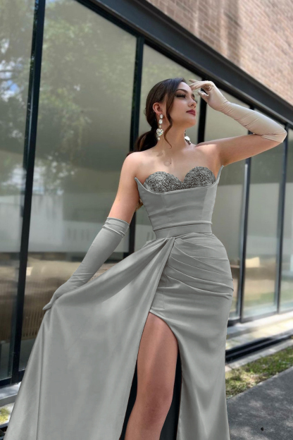 Prom Dress Sleeves Champagne Sweetheart High Slit With Gloves