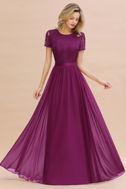 BMbridal Elegant Chiffon Lace Jewel Short-Sleeves Affordable Bridesmaid Dress-BMbridal