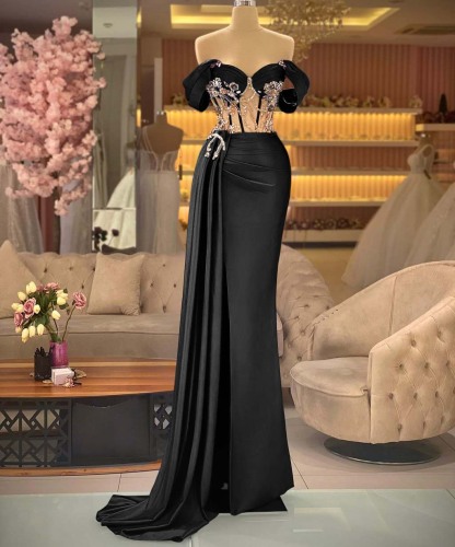 Elegant Off the Shoulder Royal Blue Beaded Sleeveless Prom Dress With Split