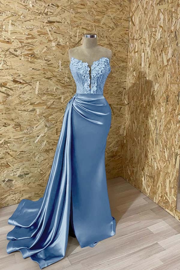 Sleeveless Strapless Mermaid Prom Appliques Dress With Split