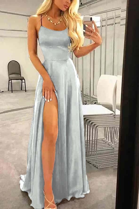 Spaghetti Strap Sleeveless Long Prom Dress With High Split Ruffles