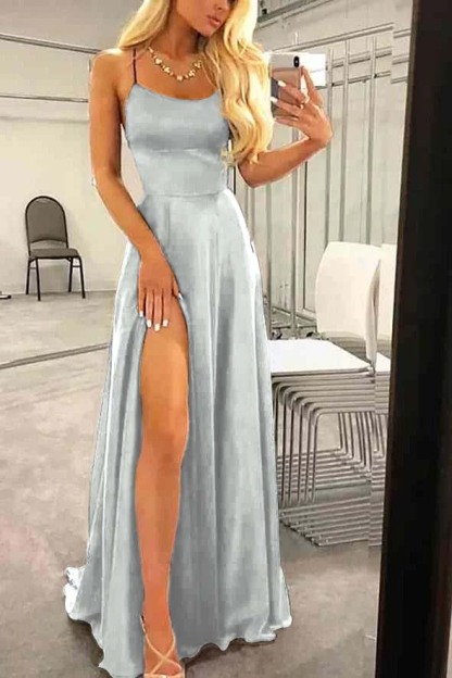 Spaghetti Strap Sleeveless Long Prom Dress With High Split Ruffles