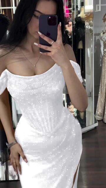 Sequins Off the Shoulder Sleeveless Long Prom Dress With Split