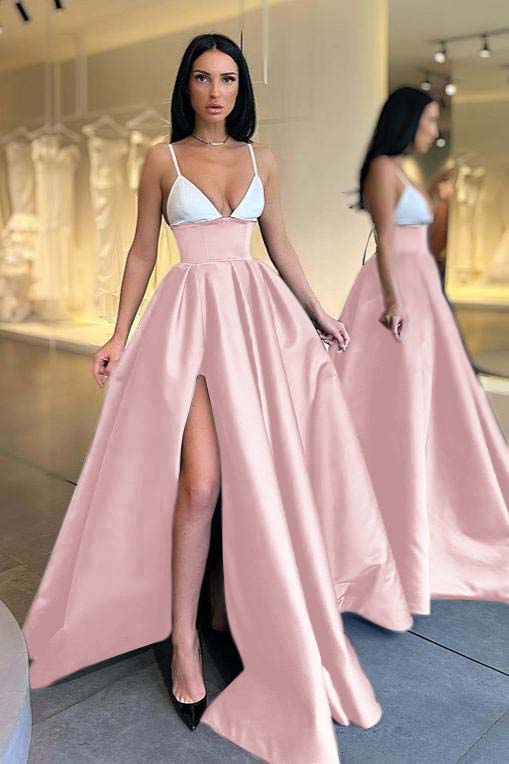 Black and White Spaghetti Strap V Neck Long Prom Dress With Front Split