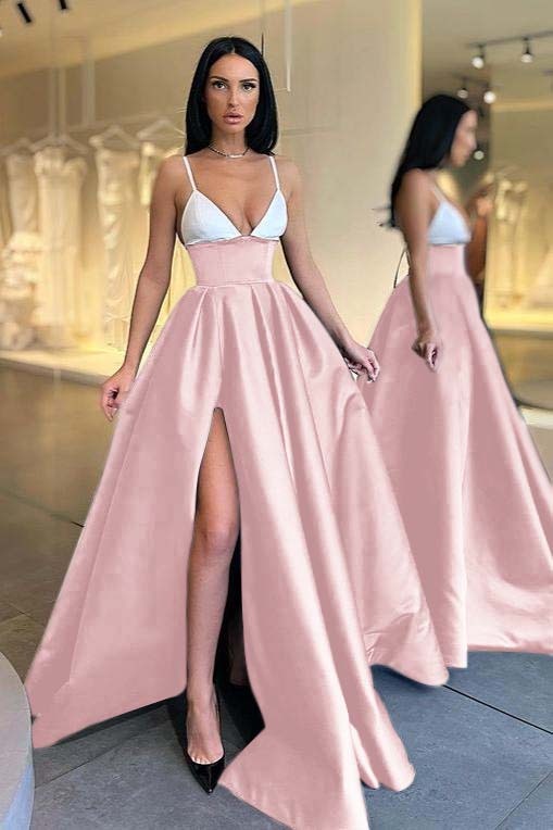 Black and White Spaghetti Strap V Neck Long Prom Dress With Front Split