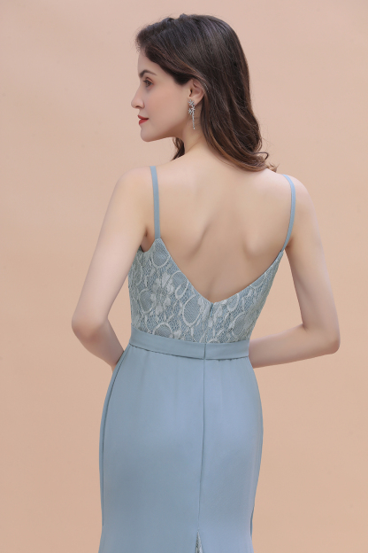 BMbridal Elegant Mermaid Chiffon Lace Dusty Blue Bridesmaid Dress with Spaghetti Straps On Sale-BMbridal