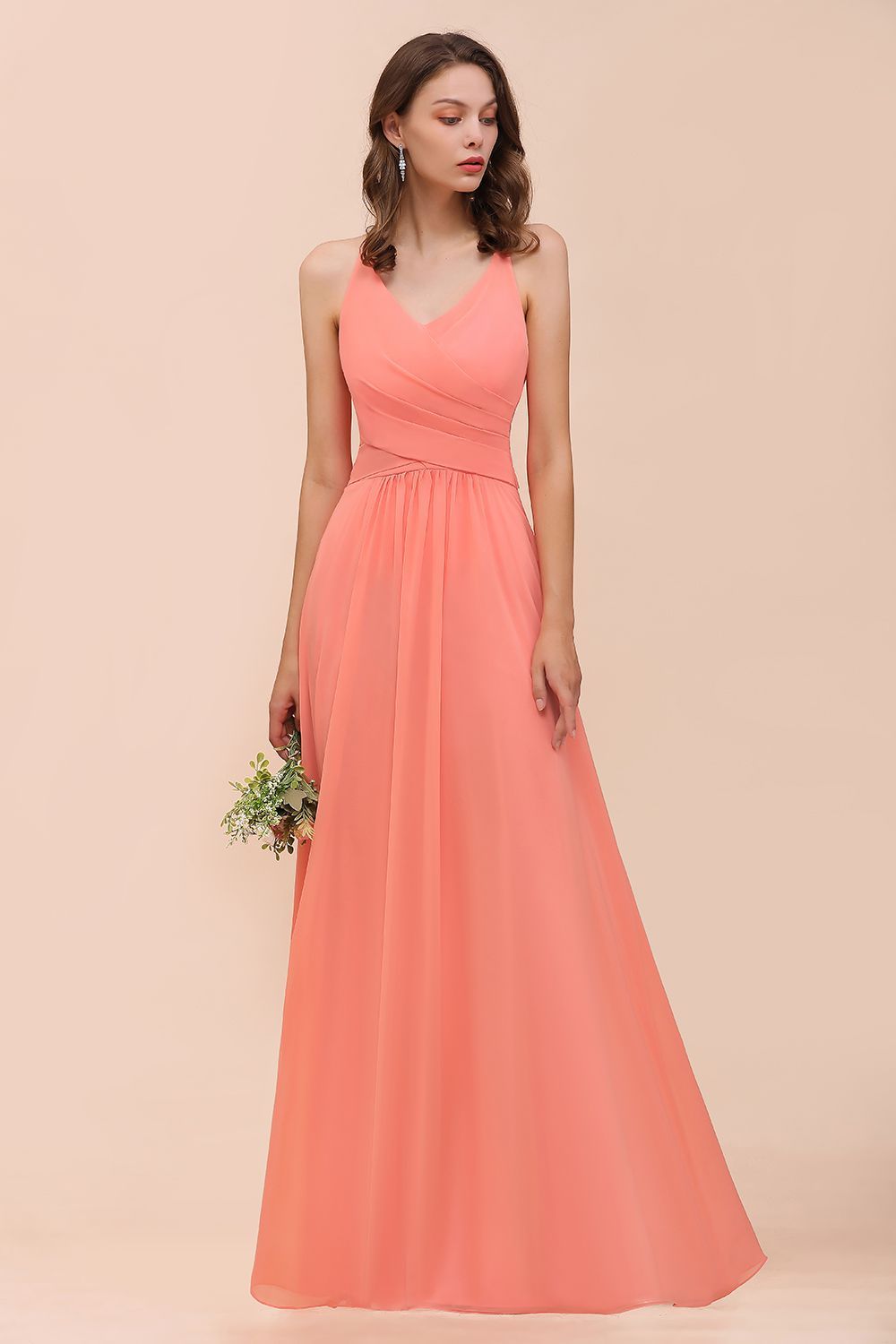 BMbridal Glamorous V-Neck Coral Chiffon Bridesmaid Dress Affordable with Ruffle-BMbridal