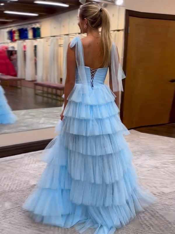Blue A-Line Spaghetti Straps Tulle Tiered Long Prom Dress with Slit