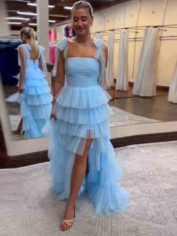 Blue A-Line Spaghetti Straps Tulle Tiered Long Prom Dress with Slit