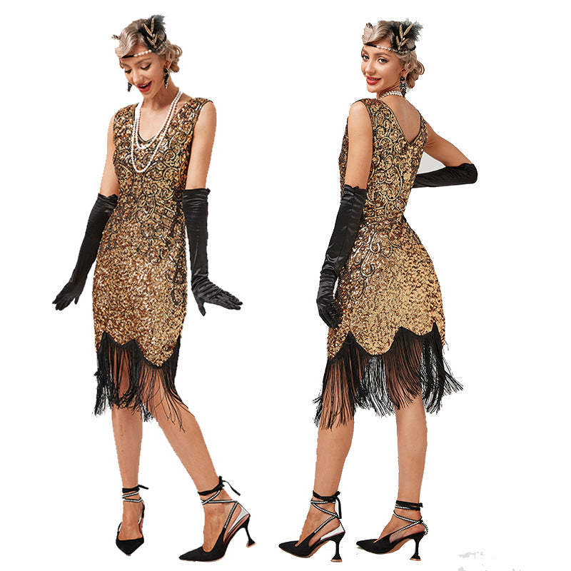 Vintage 1920s Gatsby Dress with V-Neck and Sequins in Sheath/Column Style