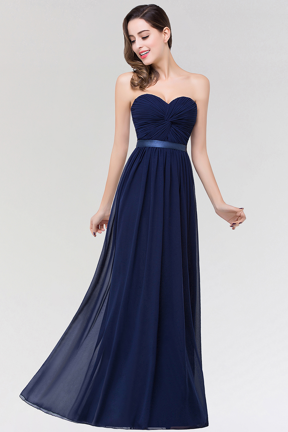 BMbridal Affordable Sweetheart Ruffle Navy Chiffon Bridesmaid Dress With Ribbon-BMbridal