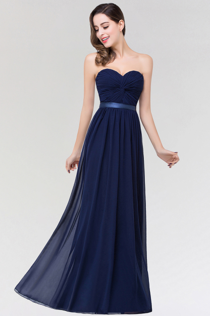 BMbridal Affordable Sweetheart Ruffle Navy Chiffon Bridesmaid Dress With Ribbon-BMbridal
