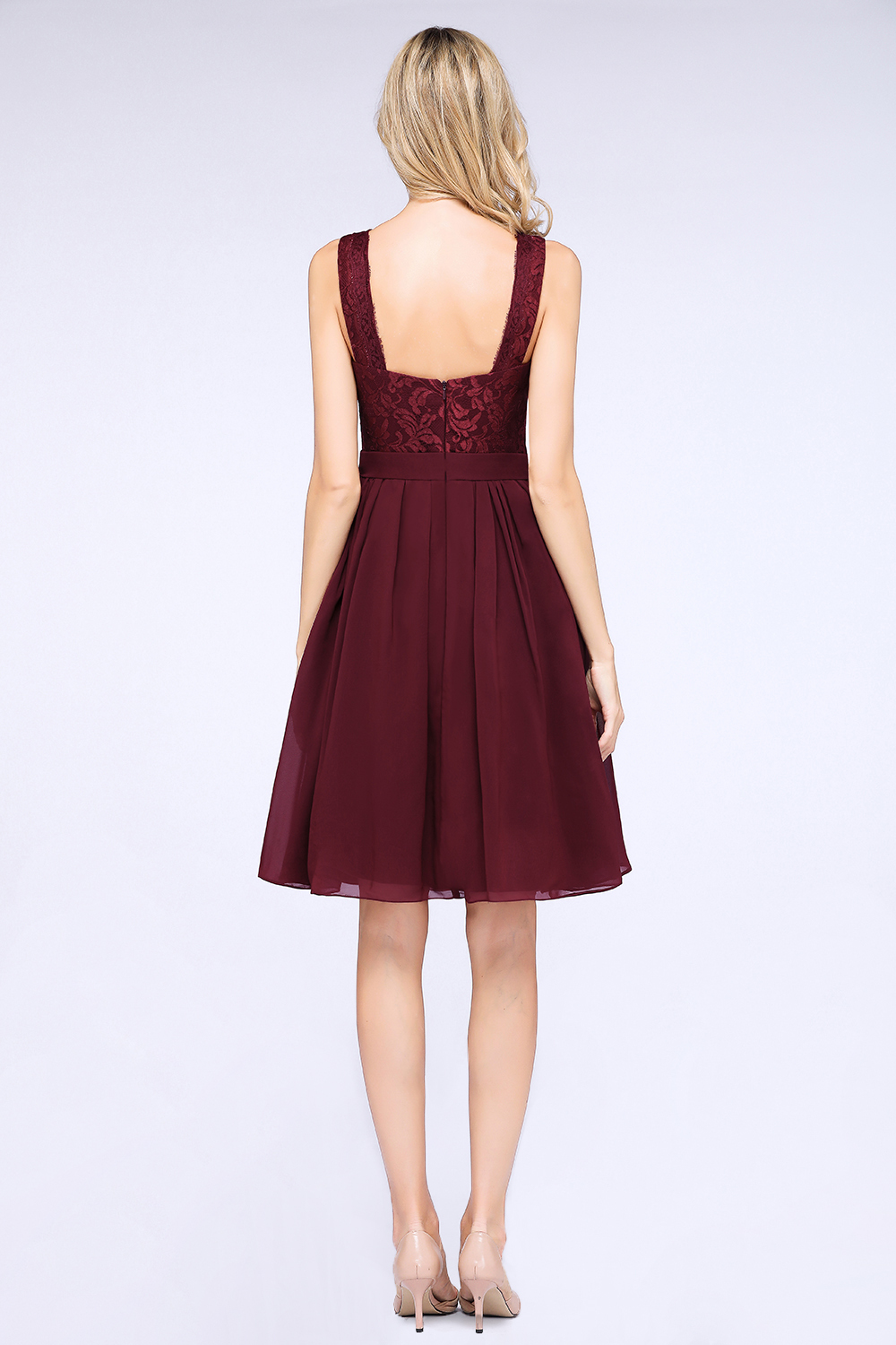 BMbridal Elegant Lace V-Neck Short Burgundy Chiffon Bridesmaid Dress with Ruffle-BMbridal