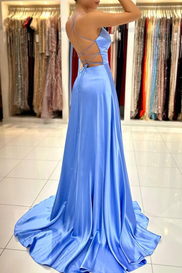 Simple Blue A Line Sleeveless Spaghetti Strap Split Prom Dress With Open Back