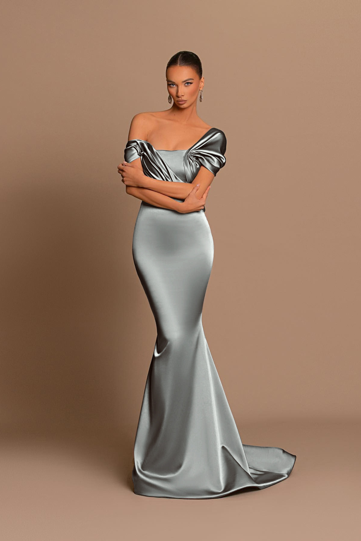 Glamorous Gray Off the Shoulder Mermaid Prom Dress With Pleated