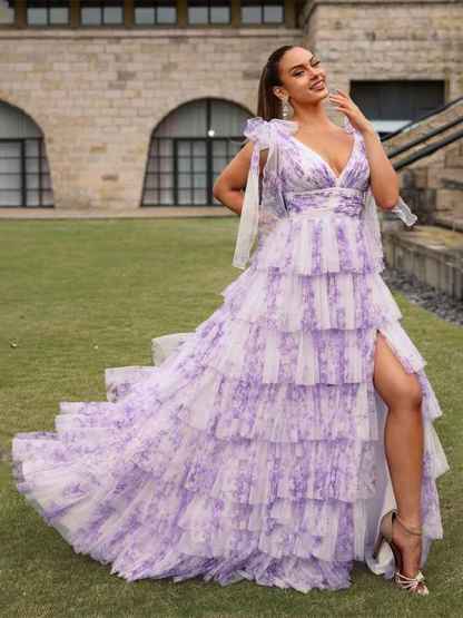 Purple Floral A Line V Neck Long Pleated Prom Dress With Slit
