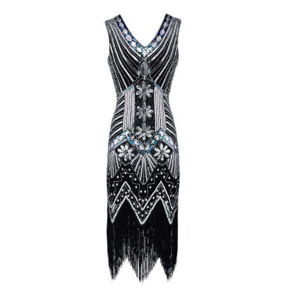 Vintage 1920s Sequined Sheath Dress with V-Neck for Costume Parties