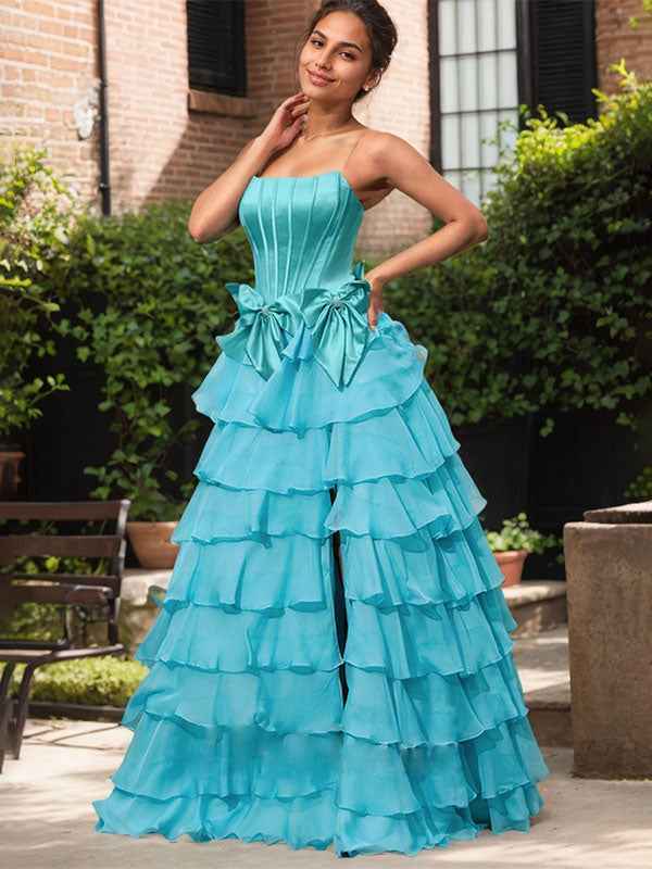 Blue A Line Strapless Long Pleated Prom Dress With Slit