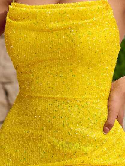 Radiant Daffodil Spaghetti Strap Sequin Gown with High Slit