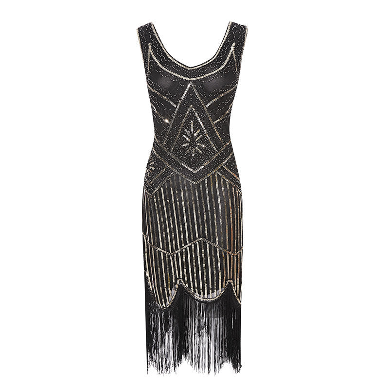 Vintage 1920s V-Neck Sheath Dress with Sequins for Costume Parties