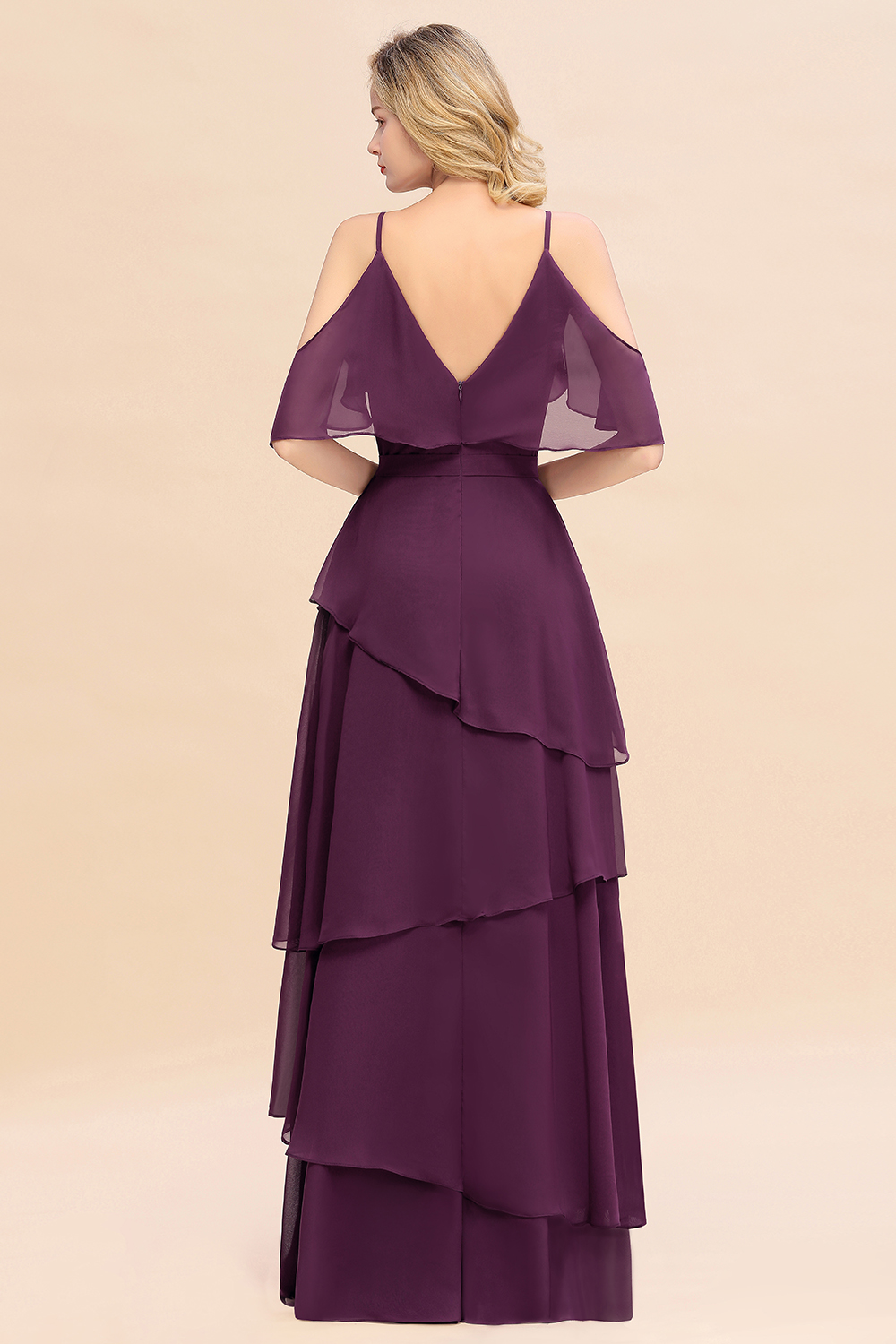 BMbridal Chic Cold-Shoulder Layers Grape Chiffon Bridesmaid Dress Affordable-BMbridal