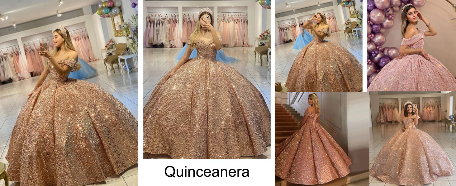 off shoulder sequin ball gown