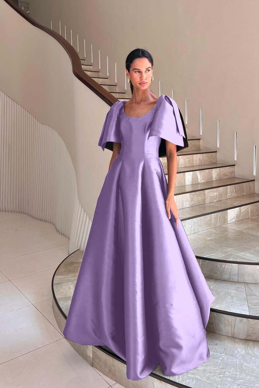 Jewel Neck Short Sleeves Long A Line Prom Dress With Pleated