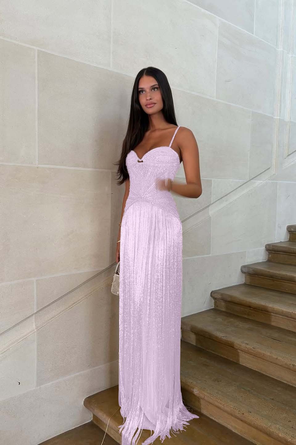 Spaghetti straps Sleeveless Long Prom Dress With Beading Tassel