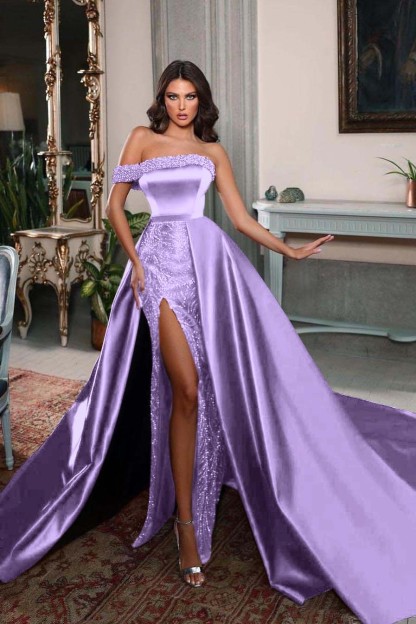 One Shoulder Sleeveless Long Split Prom Dress With Pleated Beading