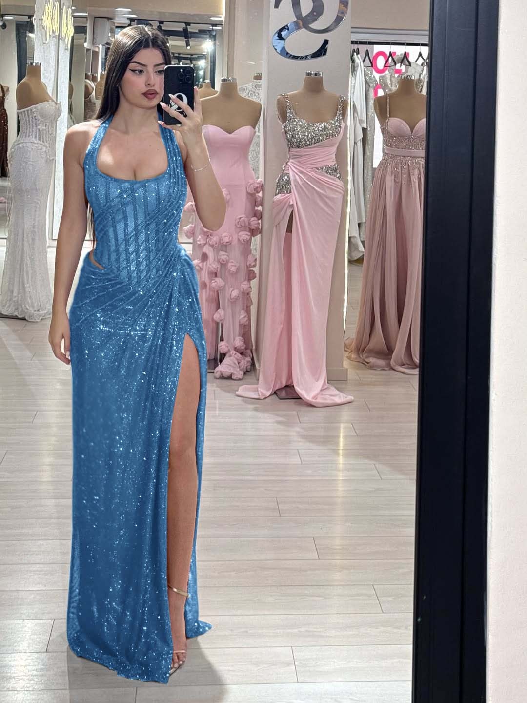 Sequins Halter Sleeveless Long Mermaid Prom Dress With Split