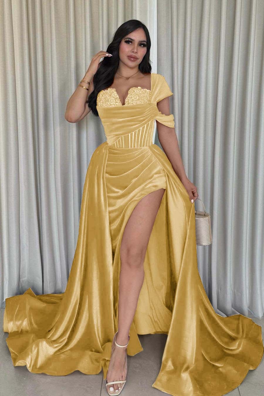 One Shoulder Sleeveless Long Mermaid Prom Dress With Split Pleated