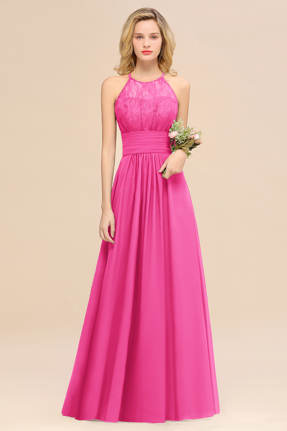 BMbridal Elegant Halter Ruffles Sleeveless Grape Lace Bridesmaid Dresses Affordable-BMbridal