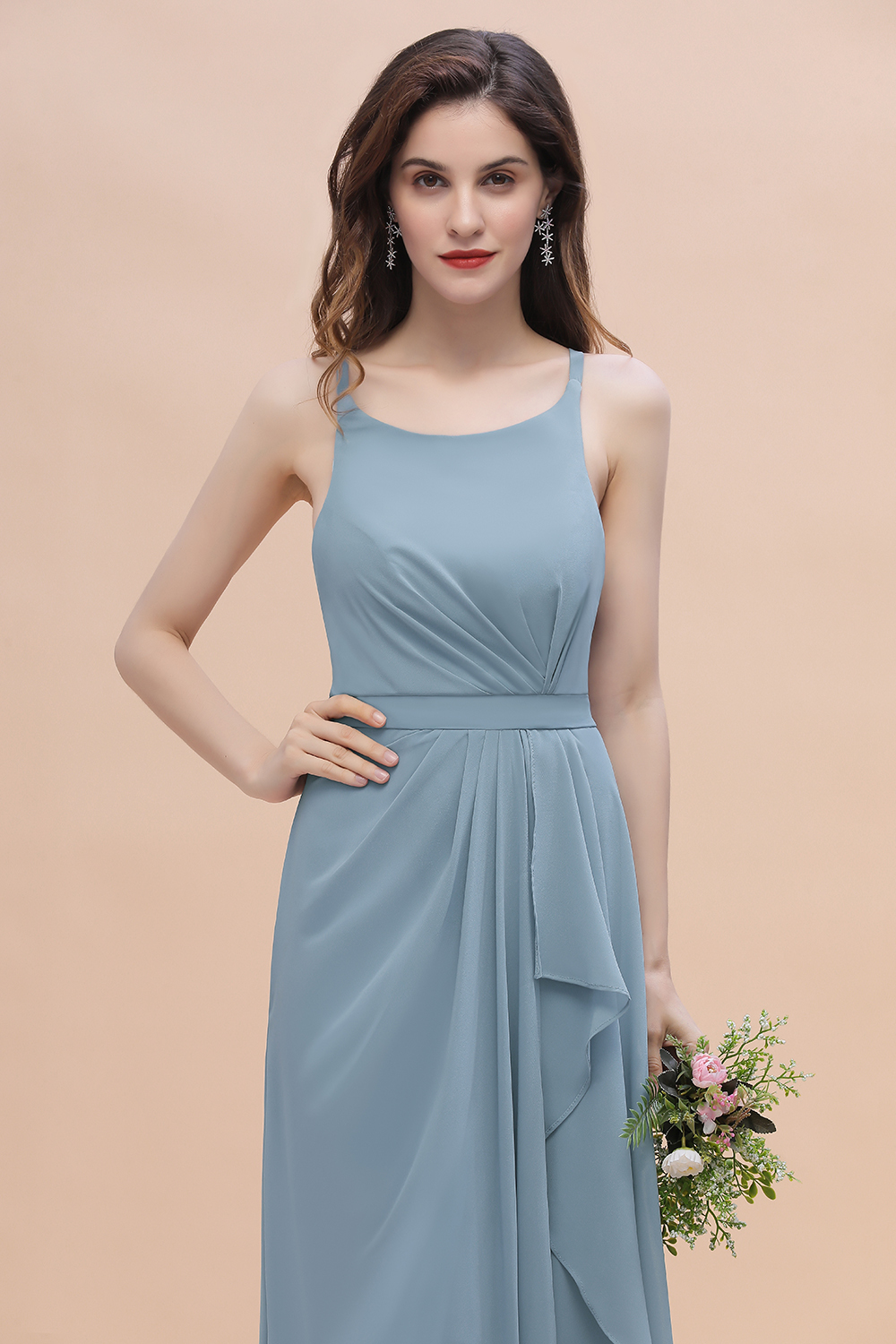 BMbridal Gorgeous A-Line Straps Dusty Blue Chiffon Bridesmaid Dress with Ruffles On Sale-BMbridal