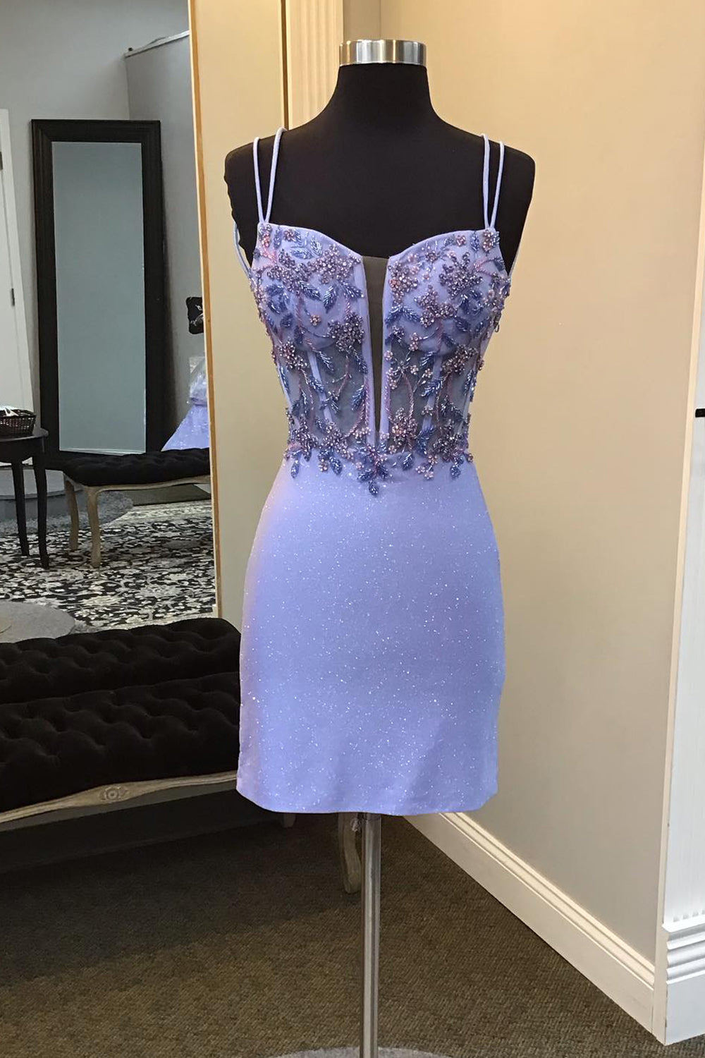 Sparkly Purple Beaded Spaghetti Straps Corset Tight Short Homecoming Dress