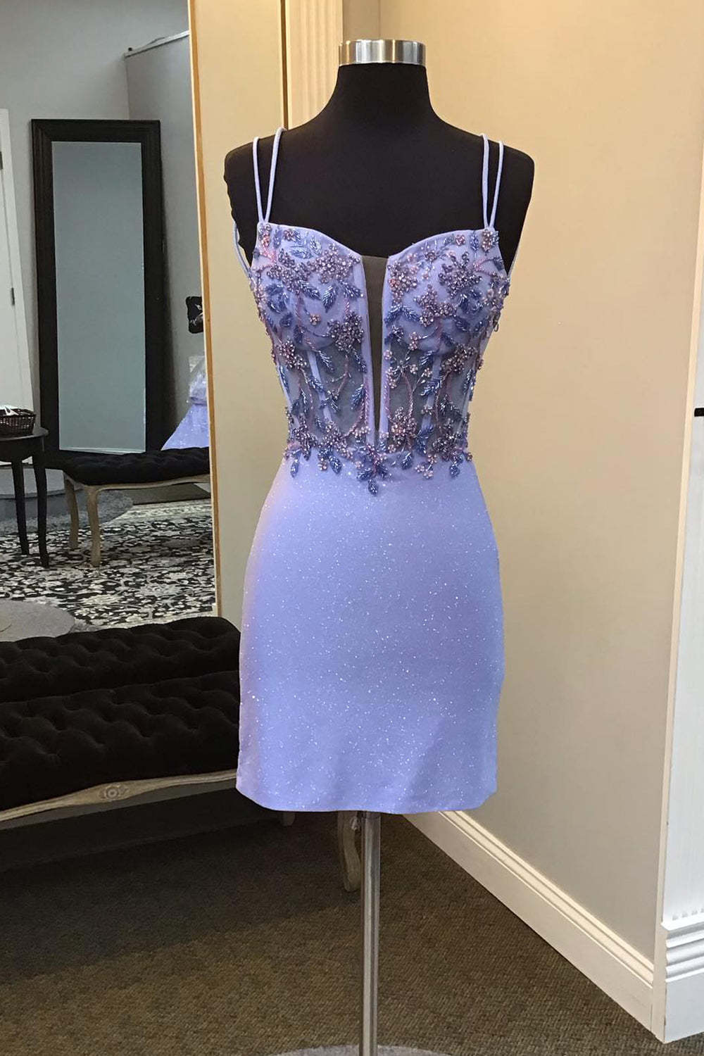 Sparkly Purple Beaded Spaghetti Straps Corset Tight Short Homecoming Dress