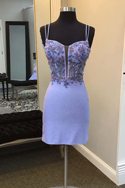 Sparkly Purple Beaded Spaghetti Straps Corset Tight Short Homecoming Dress