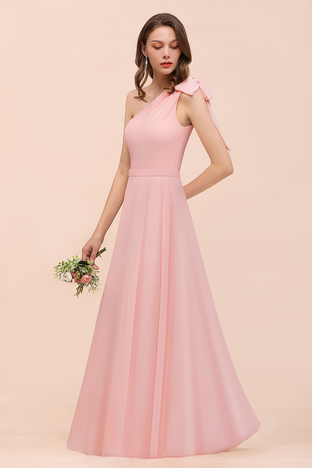 BMbridal Chic One Shoulder Sleeveless Pink Chiffon Bridesmaid Dress with Bow-BMbridal