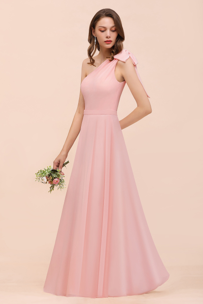 BMbridal Chic One Shoulder Sleeveless Pink Chiffon Bridesmaid Dress with Bow-BMbridal