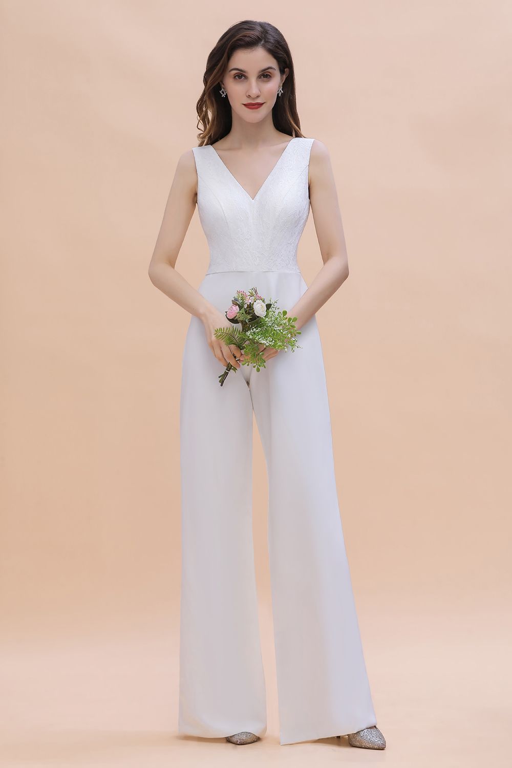 BMbridal Stylish V-neck Sleeveless White Lace Bridesmaid Jumpsuit Online-BMbridal