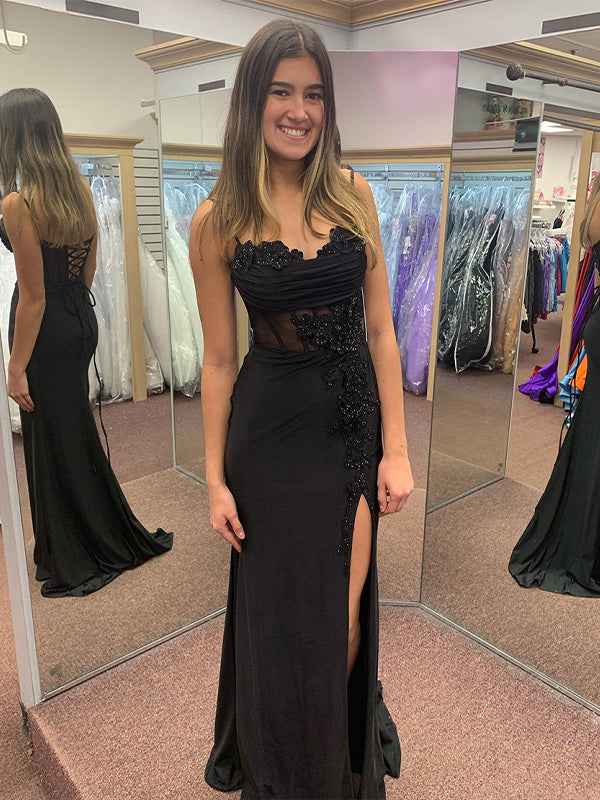 Black Mermaid Spaghetti Straps Applique Long Prom Dress with Slit