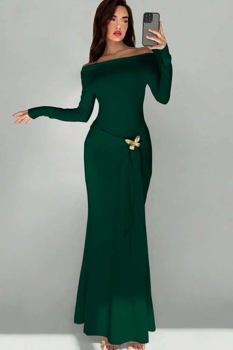 Off the Shoulder Long Sleeves Long Mermaid Prom Dress With Appliques